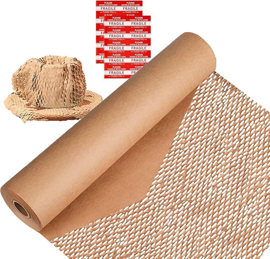 Honeycomb Packing Paper,12" W x 100' L Packing Paper for Moving,Products & Gifts Honeycomb Wrapping Paper,Recyclable and Biodegradable Cushioning Packing Material with 10 Fragile Sticker Labels
