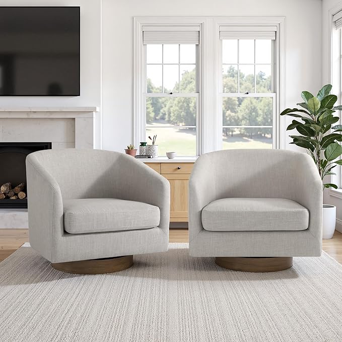 UIXE Swivel Accent Chairs Set of 2, Fabric Upholstered Barrel Chair for Living Room, Comfy Round Armchair Single Sofa Bedroom Reading Seat - 31" W, Khaki