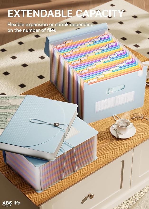 ABC life 26 Pockets Accordian File Organizer Expanding File Folders, Portable Letter A4 Size Filing Box,Plastic Monthly Receipt Document Organizer with Colored Tabs (Light Blue)