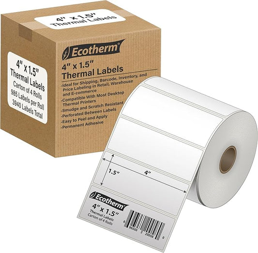 4" x 1.5" Thermal Labels | 4 Rolls | 3940 Labels | fits Zebra, Munbyn, Rollo, Godex, Arkscan, iDPRT, Offnova Thermal Label Printers and More | Blank White Adhesive Stickers by Ecotherm