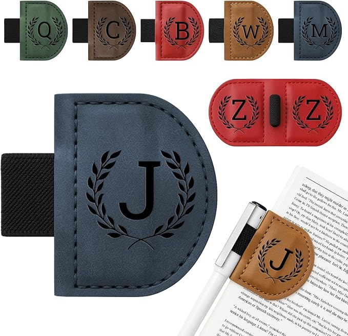 Personalized Bygone Mark Bookmark with Pen Holder,Engraving Leather Magnetic Bookmarks Vintage 26 Letters Name Initials Text Book Marker Clips Gifts for Reading Book Lovers Women (Blue, J)