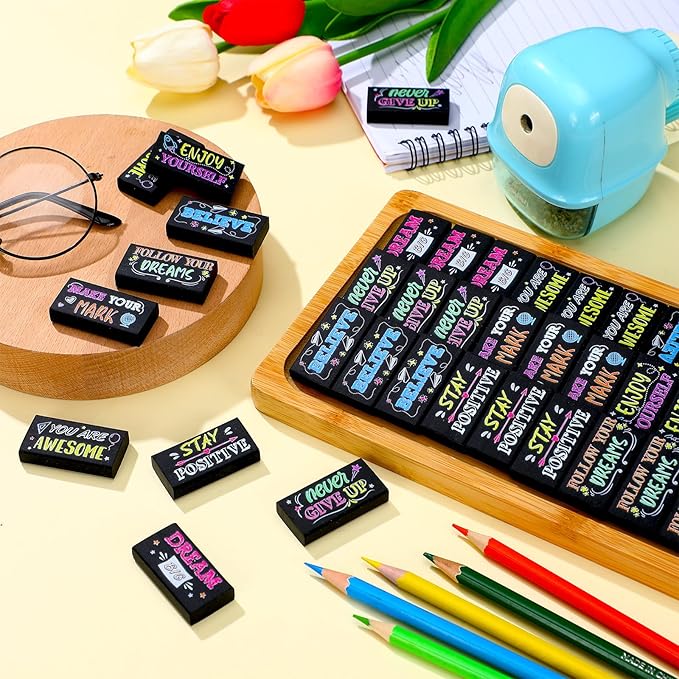 100 Pcs Inspirational Pencil Erasers Bulk for Kids Fun Motivational Eraser School Supplies Back to School Office Supplies for Classroom Office Teacher Artists (Colorful Chalkboard)