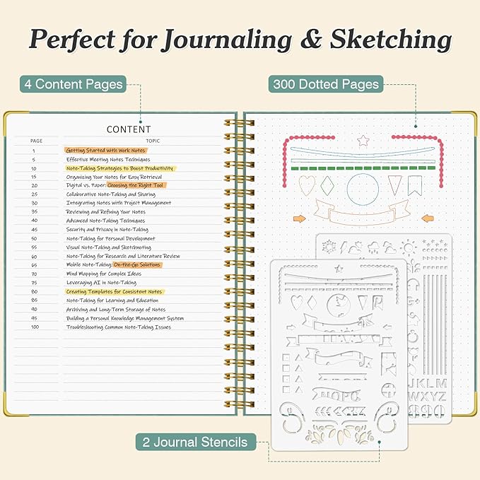 Bullet Dotted Journal Spiral Notebook, 300 Pages Leather Notebooks with Contens, 120 GSM Thick No Bleed Through Paper Journals, A4 Dot Grid Notebook for Women Men Work Writing, 8.5" x 11", Light Blue