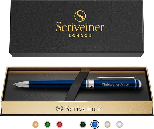 Scriveiner Personalized Midnight Blue Pen - Stunning Blue Lacquer Luxury Pen, Chrome Finish, Schmidt Ink Refill, Best Engraved Ball Point Gift Set for Men & Women, Custom Name Engraving