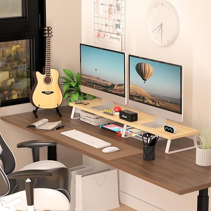 Aothia Dual Monitor Stand Riser - Monitor Stand with Drawer,Monitor Stand For 2 Monitors, Desk Shelf For Monitor with Metal Legs, Wood Monitor Stand with Storage Organize For Pc,Laptop,Screen (Oak)