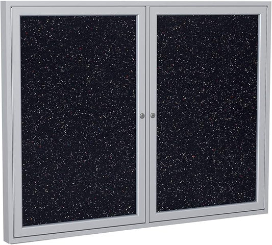 Ghent 36" x 48" 2-Door indoor Enclosed Recycled Rubber Bulletin Board, Shatter Resistant, with Lock, Satin Aluminum Frame, Confetti (PA234TR-CF) ,Made in the USA