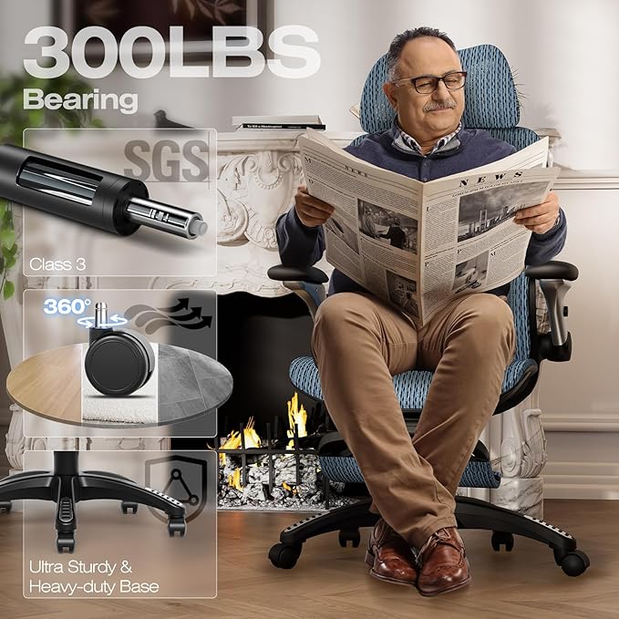 ELABEST X100 Ergonomic Office Chair with Footrest, Big and Tall Home Desk Chair with 5D Flip-Up Arms, Adjustable 8D Lumbar Support,High Back Rolling Computer Chair, Swivel Mesh Chairs (Oaxaca Blue)