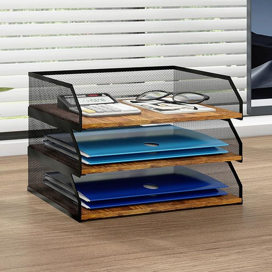 Natwind 3-Tier Stackable Paper Tray, Metal Mesh Desktop Organizer, Paper Sorter, Letter Trays,File Document Storage Rack for for Home, Office, School (Retro)