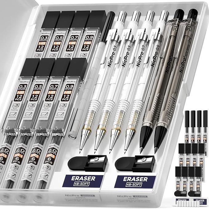 Nicpro 6PCS Art Mechanical Pencil Set, 4PCS Drafting Pencils 0.3 & 0.5 & 0.7 & 0.9 mm & 2PCS 2mm Lead Holder (4B 2B HB 2H) For Writing, Sketching Drawing With 12 Tube Lead Refills Erasers Case