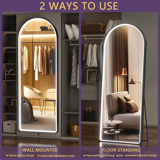 Hasipu 71" x 28" LED Mirror - Full Length with Lights, Arch Design, Wall Mounted, Dimming & 3 Color Modes