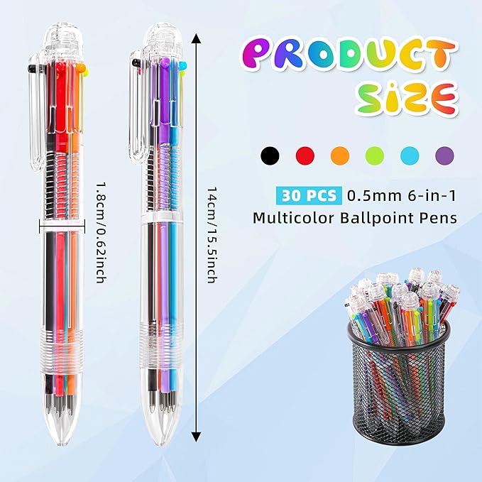 30 PCS 6-in-1 Multicolor Ballpoint Pens 0.5mm Party Favors 6 Colors Retractable Multicolor Pen for Office School Supplies Kids Students Children Birthday Party Favors Gifts Fun Pens (30)