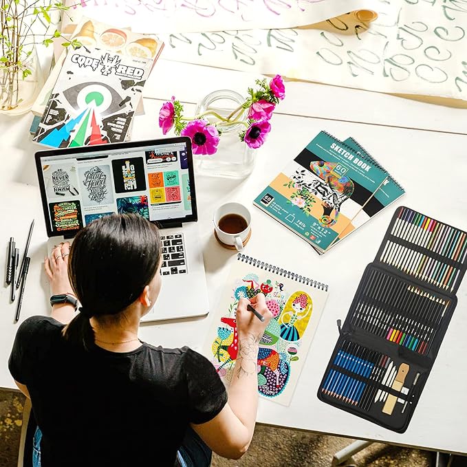 KALOUR 76pc Art Supply Set - Sketching & Drawing Kit with Tutorial Book, Sketchbook & Paper - Pencils, Pastels, Watercolors for Beginner Artists