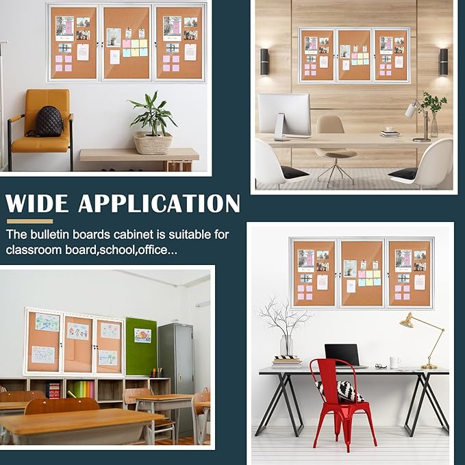 72" x 36" Enclosed Bulletin Board Outdoor 3 Door Weatherproof Tamper-Proof Enclosed Cork Board with Lock Aluminum Frame Display Case for Back to School, Office Commercial, 18xA4(Wood Color)