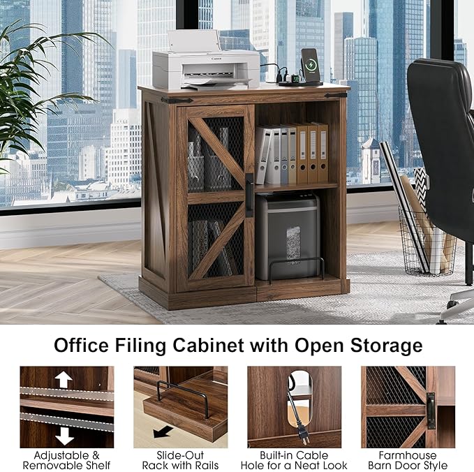 Printer Stand with Storage,File Cabinet with Socket and USB Charging Port,Farmhouse Paper Shredder Stand Rack with Slide-Out Shelf,Walnut