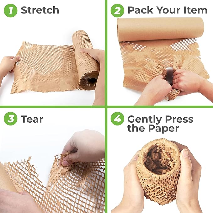 HexcelWrap Mini - Honeycomb Packing Paper, Eco-Friendly, Sustainable Paper Bubble Wrap for Shipping & Moving, Cushioned Packing Material in Easy Self-Dispenser Box - White, 12" x 750'