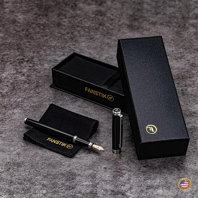 Customized Black & Silver Luxury fountain pen (Made In USA) fancy gift set for women, Chrome Finish, Professional executive pen gift set for men (Lux Custom-fountain Black-Silver)