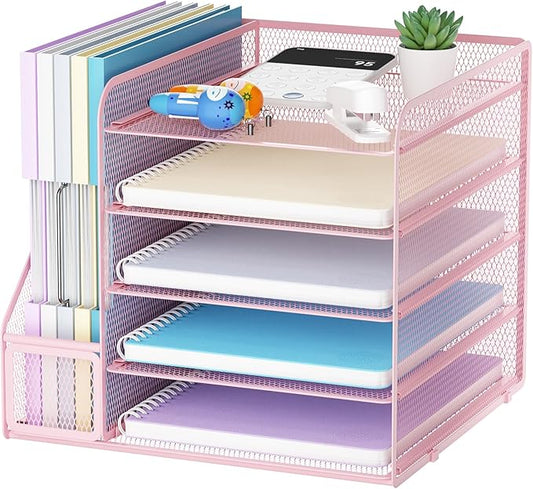 Marbrasse Desk Organizers and Accessories, 5-Tier Paper Letter Tray Organizer with File Holder, Mesh File Organizer, Office Desk Accessories & Organization for Supplies (Pink)