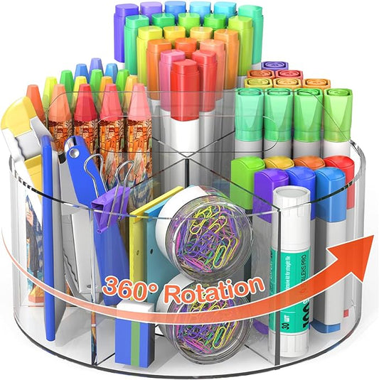 Acrylic Pen Holder, 360 Degree Rotating Pen Organizer, Rotating Desk Acrylic Office Organizer with 6 Compartments, Marker Organizer for Kid, Crayon Caddy School Art Supply Storage Organizer