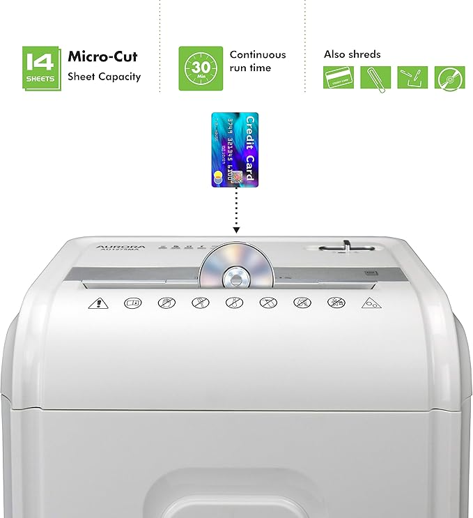 Aurora AU1480MA Professional Grade 14-Sheet Micro-Cut Paper and CD/Credit Card Shredder/ 30 Minutes Continuous Run Time, White/Gray