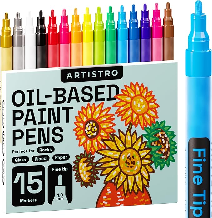 ARTISTRO 15 Oil-Based Permanent Paint Markers - Set of Fine Tip Markers for Wood, Rock, Fabric, Glass, Ceramic, Metal, Plastic, and More - Quick Dry, Waterproof, Permanent