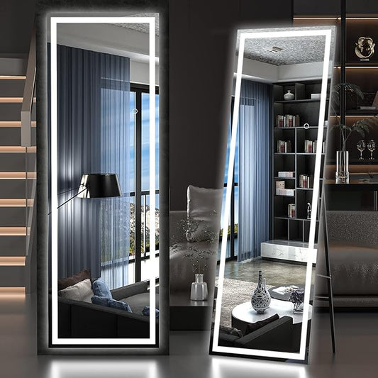 Hasipu Full Length Mirror with Lights, 65" x 20" LED Floor Mirror, Full Body Dressing Standing, Hanging Mounted Mirror for Living Room Bedroom Cloakroom, Square Black
