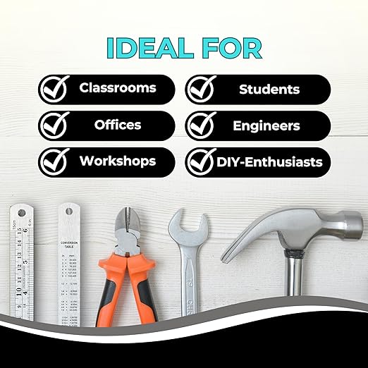 6 Inch Metal Ruler Bulk Set - 50-Pack of Compact 6 Inch / 15cm Stainless Steel Rulers - Precise Edge-Starting Imperial & Metric Measurements - Essential for Classrooms, Workshops, and Offices