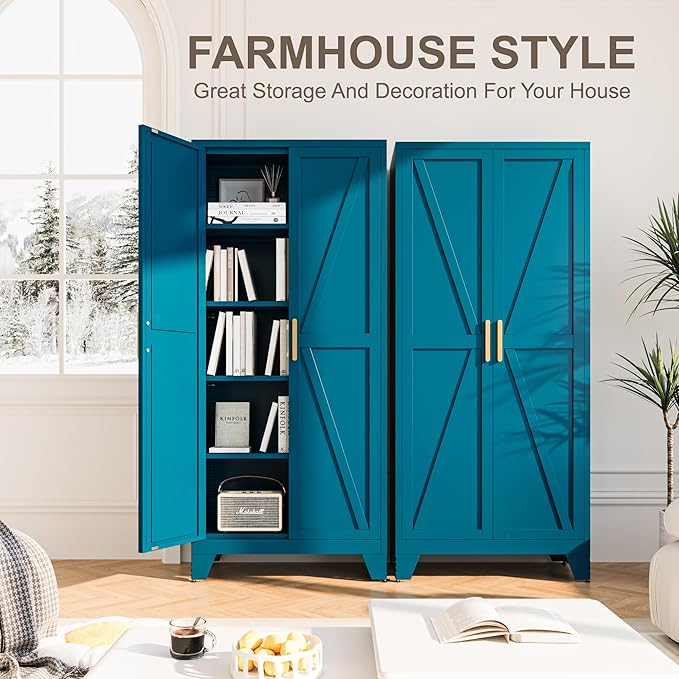71H Tall Metal Storage Cabinet with 2 Doors and 5 Shelves,Farmhouse Storage Cabinet with Barn Doors,Pantry Storage for Home,Office,Bathroom,Dining Room,Kitchen(Blue)