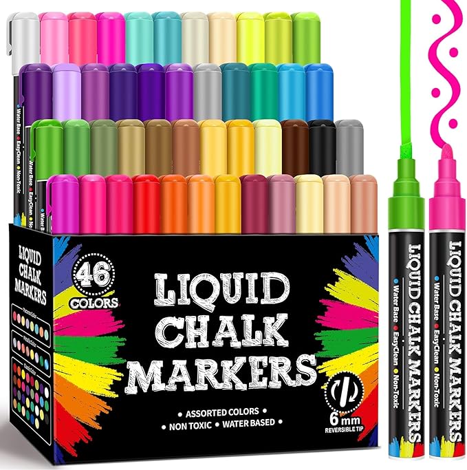 46 Pack Liquid Chalk Markers for Blackboard, Dry Erase Markers Pens for Chalkboard Calendar Window Car Glass, 6mm Reversible Tip, Dust-Free Chalk Pens for School Kids Bistro Businesses Restaurants