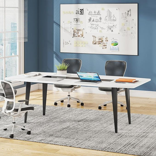 Tribesigns 6FT Conference Table, 70.86L x 35.43W x 29.52H Inches Boat Shaped Meeting Table, Modern Seminar Table for Office Meeting Conference Room (6ft, White & Black)