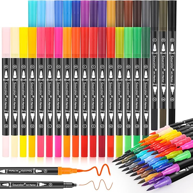 Soucolor Art Brush Markers Pens for Adult Coloring Books, Cute Preppy Stuff School Office Teacher Supplies, 34 Colors Dual Tip (Brush and Fine Point) Drawing Markers for Note Taking Journal Classroom
