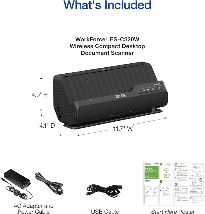Epson - Workforce ES-C320W - Wireless Compact Desktop Document Scanner - 2-Sided Scanning and Auto Document Feeder - Paper and Card Scanner - Black