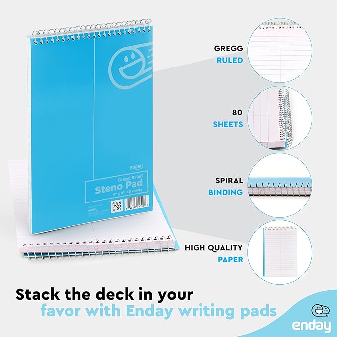 Enday Steno Pads Spiral 6x9 12 Pack, Gregg Rule White Paper, 80 Sheets Steno Notebook for writing in Pink, Purple, Green, Blue, Red, Grey, Multicolor