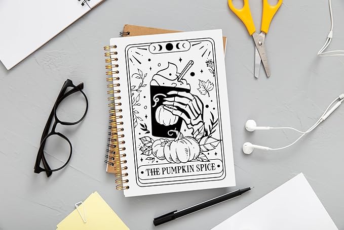 The Pumpkin Spice Tarot Journal Notebook - Coffee Lover Gifts, Tarot Lover Gifts, Gothic Goth Skeleton Notebook, Witchy Journal, Witchy Gifts, Gothic Office Supplies, Spiral Notebook 5.5x8.3