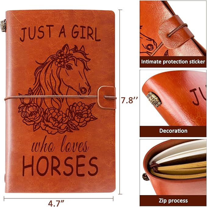 Just A Girl Who Loves Horses Leather Notebook Journal with Pen, Horse Stuff Horse Gifts for Girls Horse Lovers, Leather Refillable Notebook, Sketchbook, Travel Diary