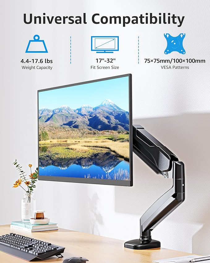 MOUNTUP Single Monitor Desk Mount, Adjustable Gas Spring Monitor Arm Support Max 32 Inch Screen, Computer Monitors Stand with Clamp/Grommet Mounting Base, VESA Mounts Fit 4.4-17.6lbs Computer, Black