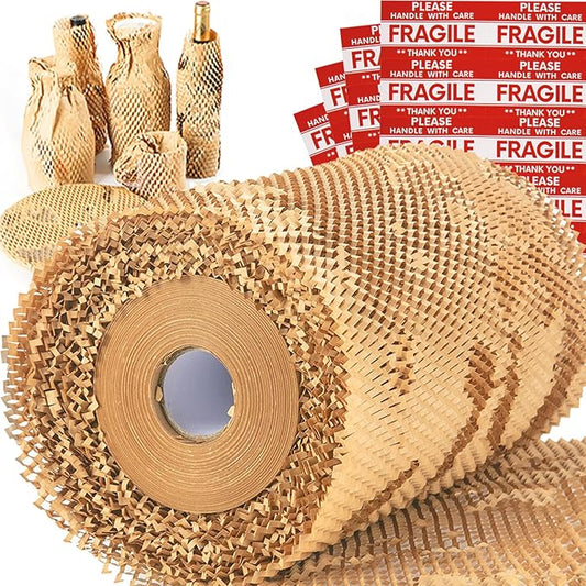Honeycomb Packing Paper Wrap 15''x20520" (1710 ft), Substitute Alternative for Bubble Cushioning Wrap for Moving Shipping Packaging, Recyclable Moving Supplies with 48 Fragile Sticker Labels