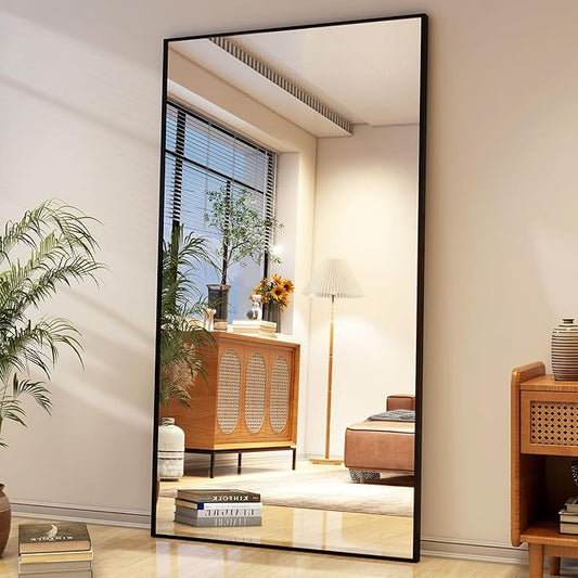 34"x76" Full Length Mirror with Stand, Large Rectangular Floor Mirror for Bedroom, Living Room or Closet, Wall-Mounted or Freestanding, Black Aluminum Alloy Frame