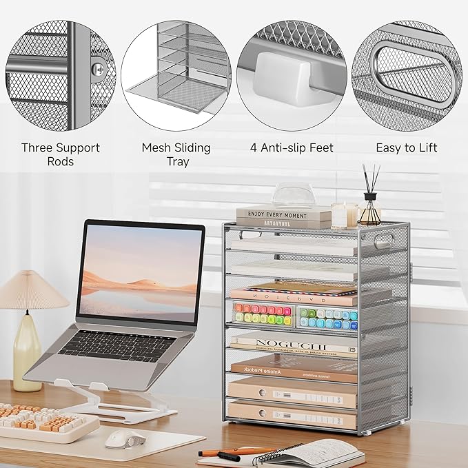 SUBEKYU 9 Tier Paper Organizer for Desk - Metal Mesh Letter Tray File Paper Sorter Organizer Include 6 Pcs Adjustable Height Slid Tray with Handles for Office School Home Organization Storage, Silver