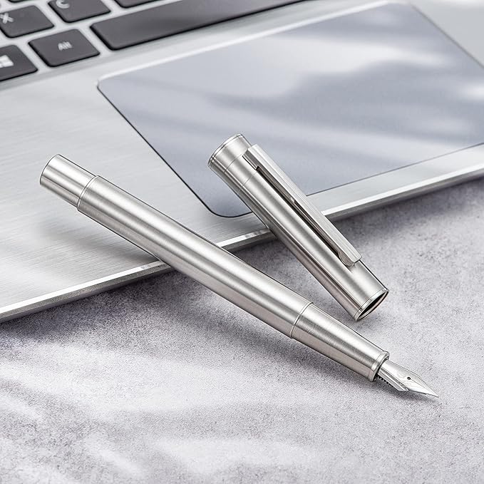 Hongdian 1861 Stainless Steel Fountain Pen Extra Fine Nib, Classic Design Smooth Writing Pen with Converter and Metal Pen Case Set