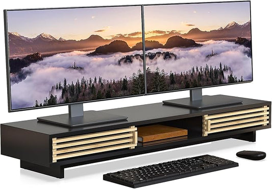 Dual Monitor Stand Riser with Sliding Door, Double Computer Laptop Stand Desk Shelf Organizer with Storage (Black + Natural Bamboo, 38 Inch)