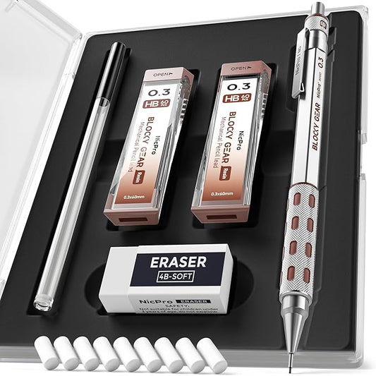 Nicpro Blocky Gear 0.3 mm Mechanical Pencils Set in Case, Metal Pencil with Lead Refills, Eraser for Professional & Adult Art Writing Drafting Drawing