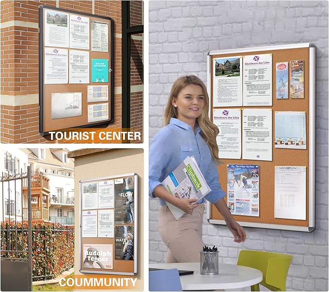 SWANCROWN Enclosed Cork Bulletin Boards Wall-Mounted Noticeboard Protective Display Case for Retail School Apartment 28x26 inch (6xA4)