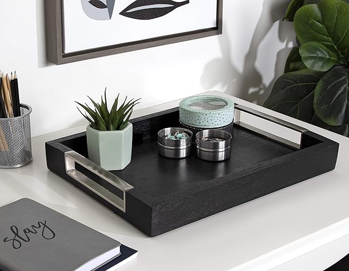 Kate and Laurel Heller Modern Rectangular Tray, 12 x 16, Black, Wood Tray for Storage and Display