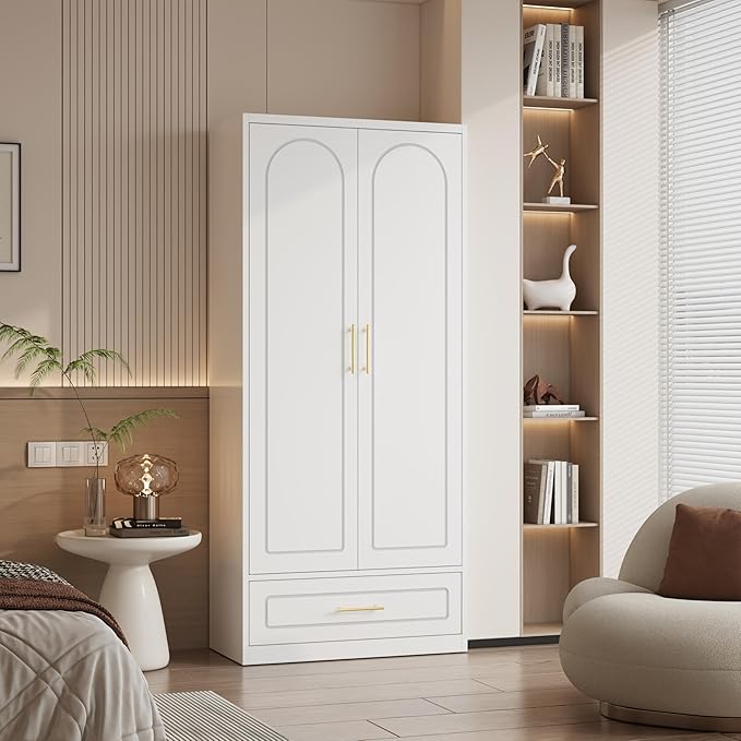 Metal Wardrobe Closet with Drawer, 71" Tall Armoire Wardrobe Closet with Hanging Rod, Freestanding Clothing Storage Cabinet with Doors, Large Wardrobes for Bedroom, White, Assembly Required