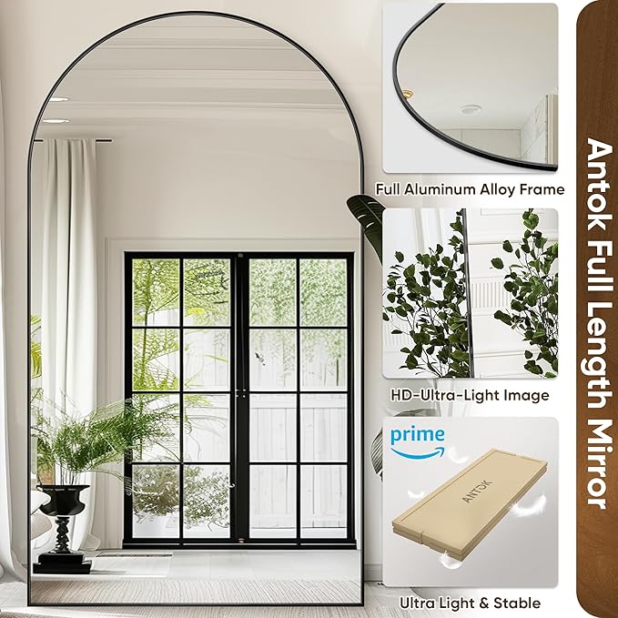 Antok Full Length Mirror, 91"x46" Oversized Floor Mirror Freestanding, Full Body Floor Standing Mirror with Stand, Hanging Mounted for Living Room Cloakroom,Black,Arched Style