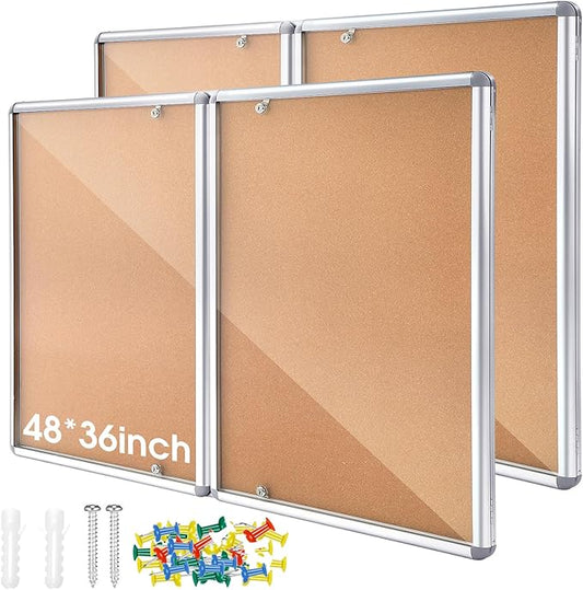 2 Pack Enclosed Bulletin Board 48"x36" Weather Resistant Lockable Enclosed Notice Cork Case Display Board Wall Mounted 2 Locking Door Aluminum Frame for Back to School Classroom, 12xA4(Brown)