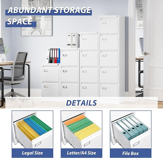 5 Drawer File Cabinet, Filing Cabinets for Home Office, Vertical File Cabinet with Lock, 61.6" H Locking File Cabinet for A4 Legal/Letter, Assembly Required (White)