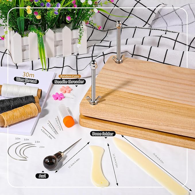 JUPEAN Book Binding Kits, Bookbinding Supplies, Bookbinding Kit for Beginners Bone Folder Tool with Paper Awl Waxed Thread Book Press for DIY 7.9”x11.6”