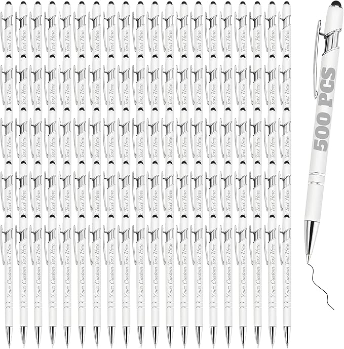 Personalized Pens Bulk 500 with Name Custom Engraving Ballpoint Pens with Stylus Tip Customized Smooth Writing Pens Personalized Gifts for Anniversary Birthday or Graduation(White,Black Ink)