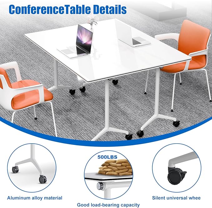 Conference Table, Folding Conference Desk Modern White, Seminar Table with Wheels, 2-10 People for Office, Meeting Break Room (6, 1915, 61IN)